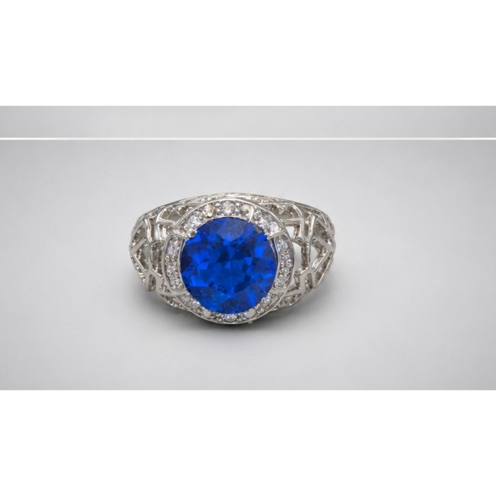 Vintage Blue Glass Rhinestone Sterling Silver Cocktail Ring Size 8.5 R-TN66